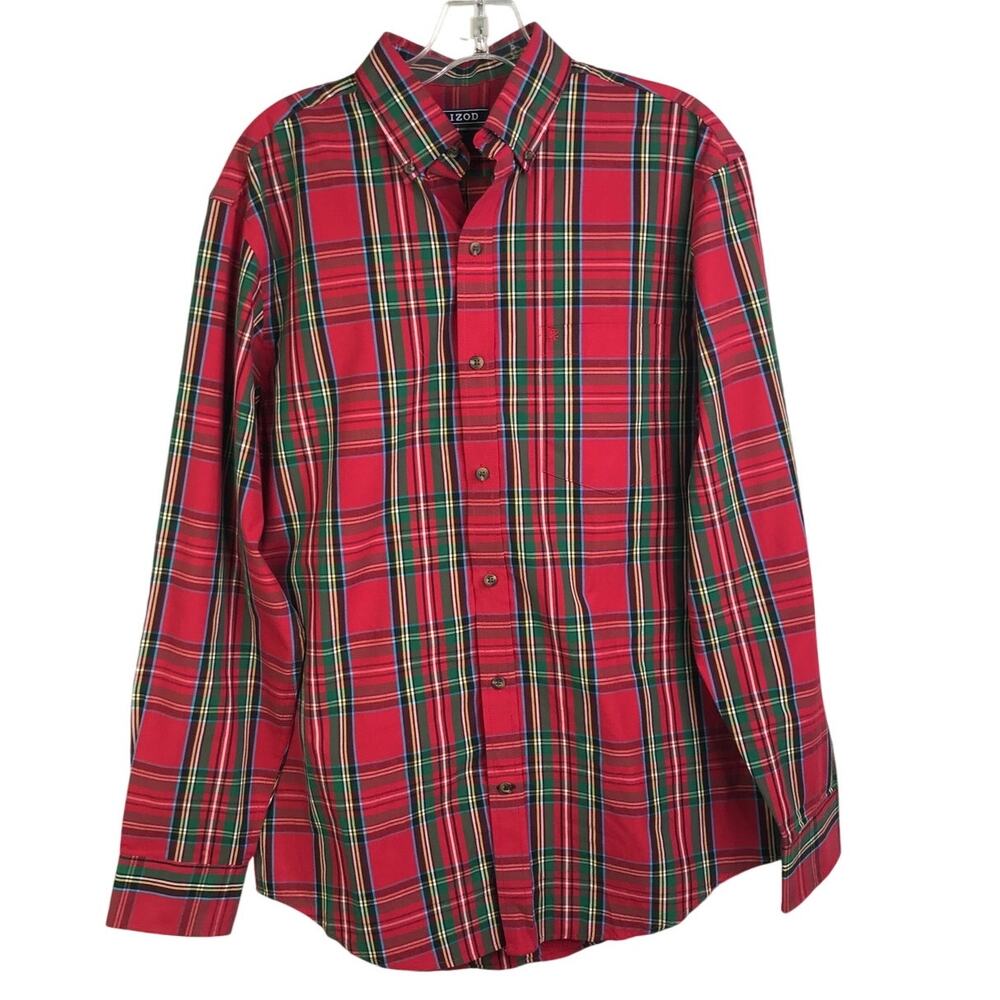 Izod Casual Button Down Shirt Mens Sz Small Red/Green Plaid Long‎ Sleeve